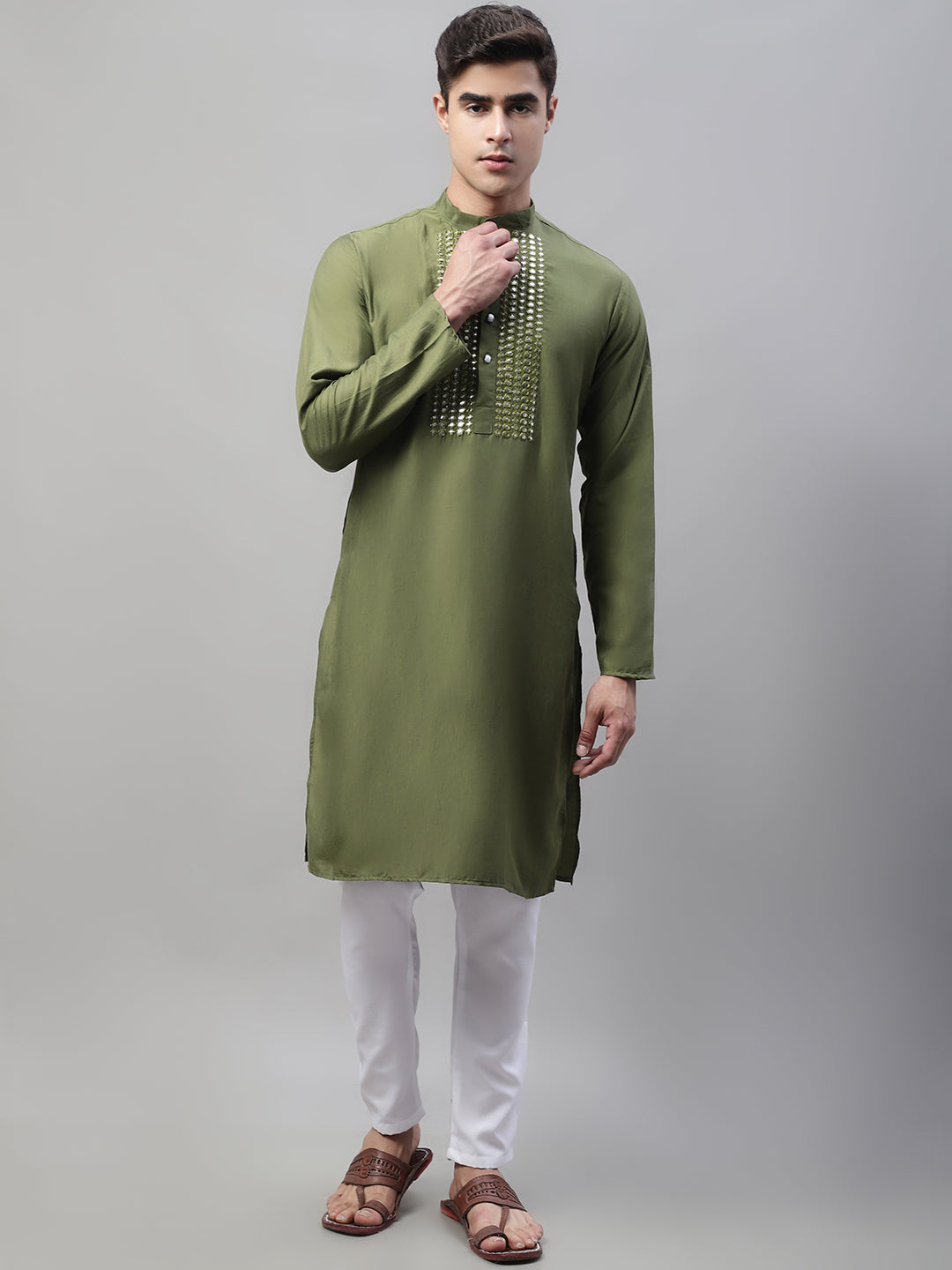 Jompers Men's Olive Green Cotton Silk Mirror Work Kurta