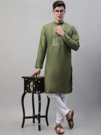 Jompers Men's Olive Green Cotton Silk Mirror Work Kurta