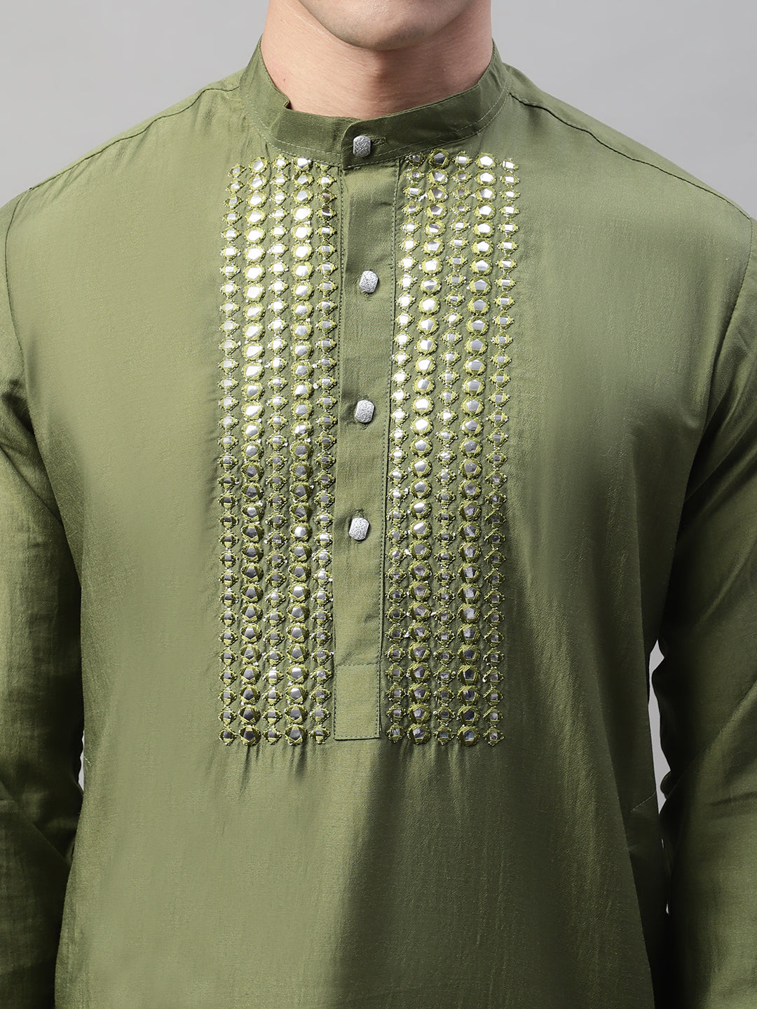 Jompers Men's Olive Green Cotton Silk Mirror Work Kurta