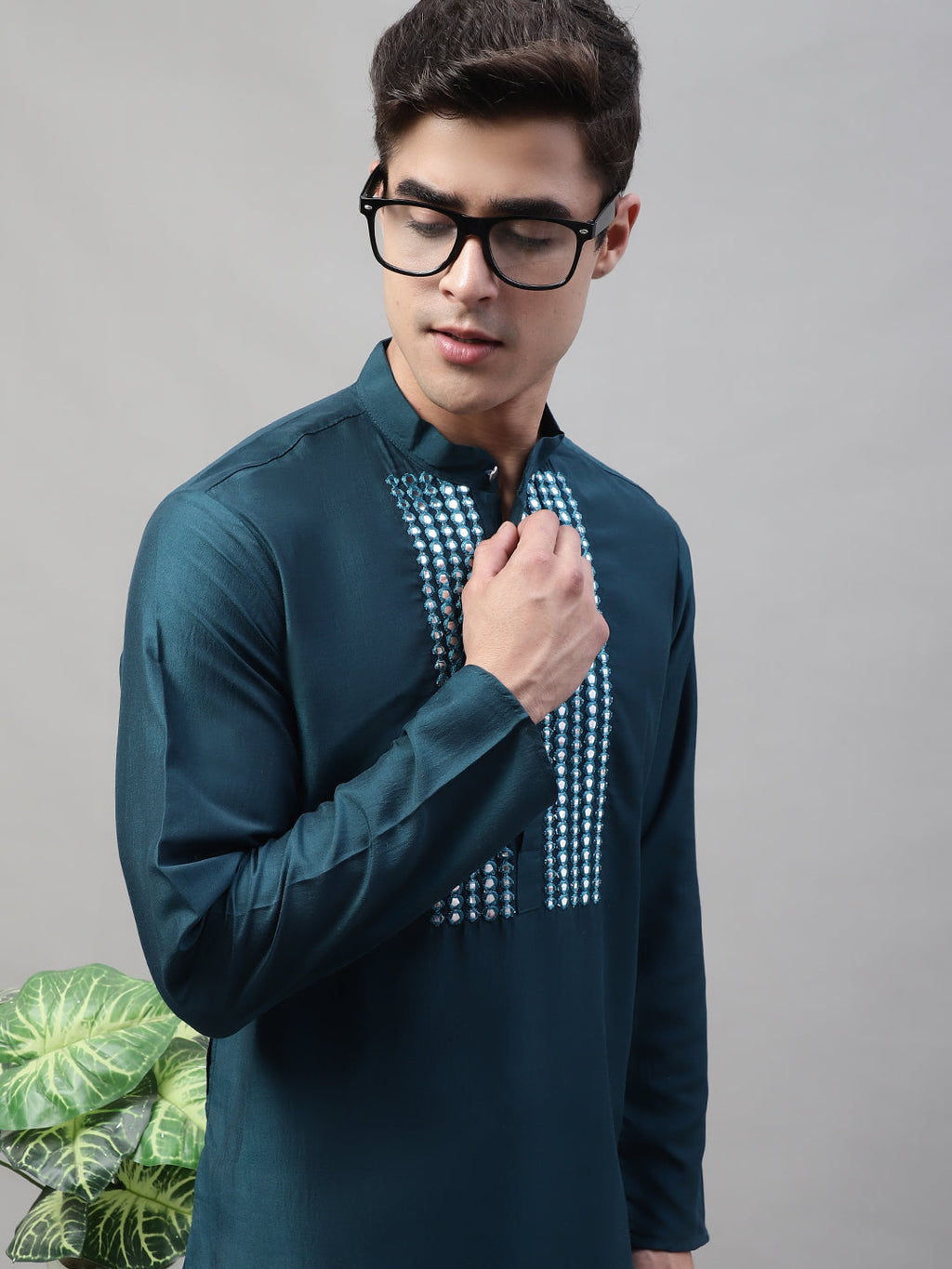 Jompers Men's Teal Blue Cotton Silk Mirror Work Kurta