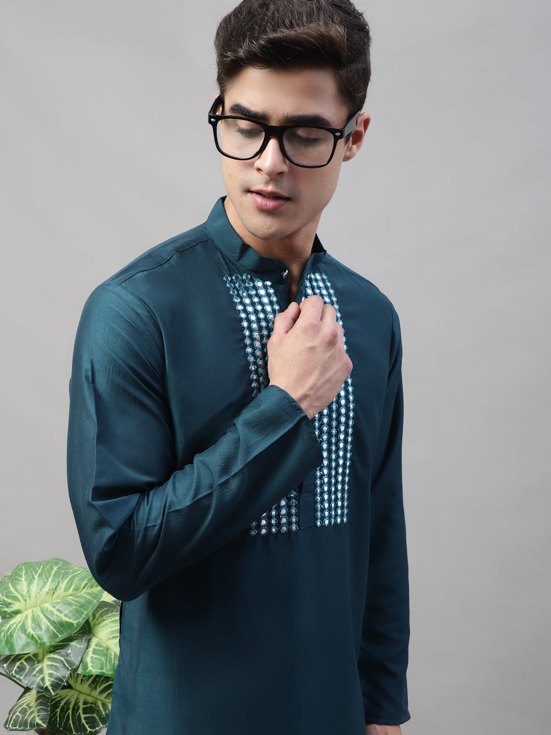 Jompers Men's Teal Blue Cotton Silk Mirror Work Kurta