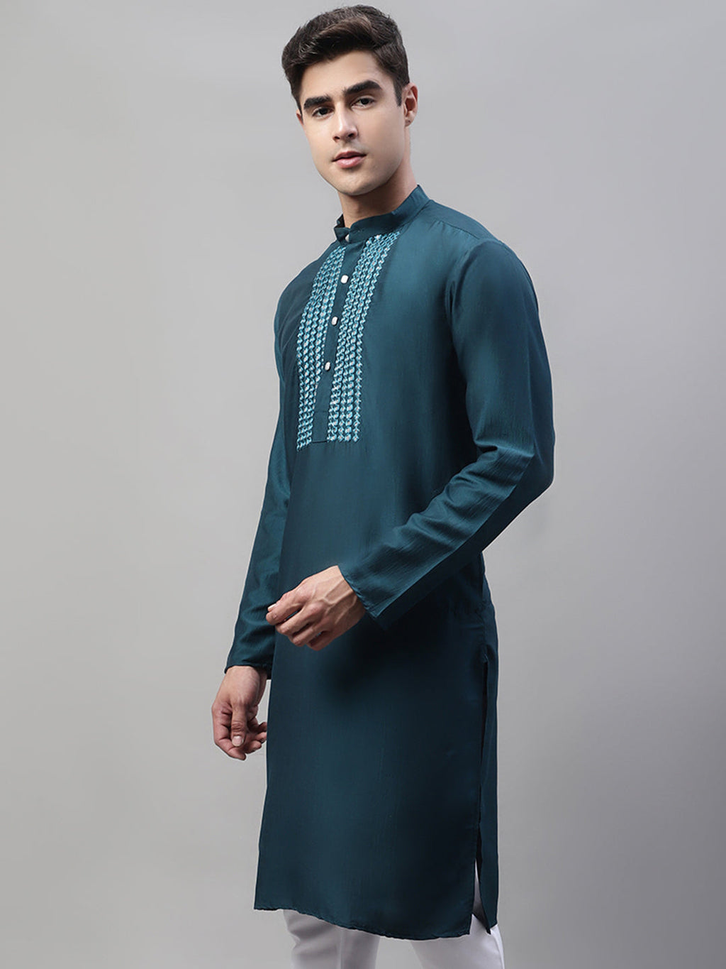 Jompers Men's Teal Blue Cotton Silk Mirror Work Kurta