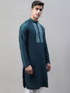 Jompers Men's Teal Blue Cotton Silk Mirror Work Kurta
