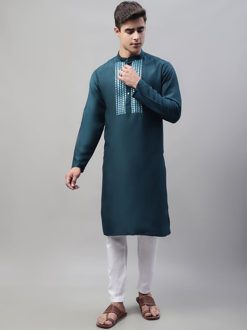 Jompers Men's Teal Blue Cotton Silk Mirror Work Kurta