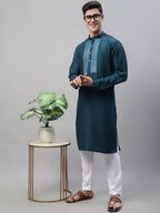 Jompers Men's Teal Blue Cotton Silk Mirror Work Kurta