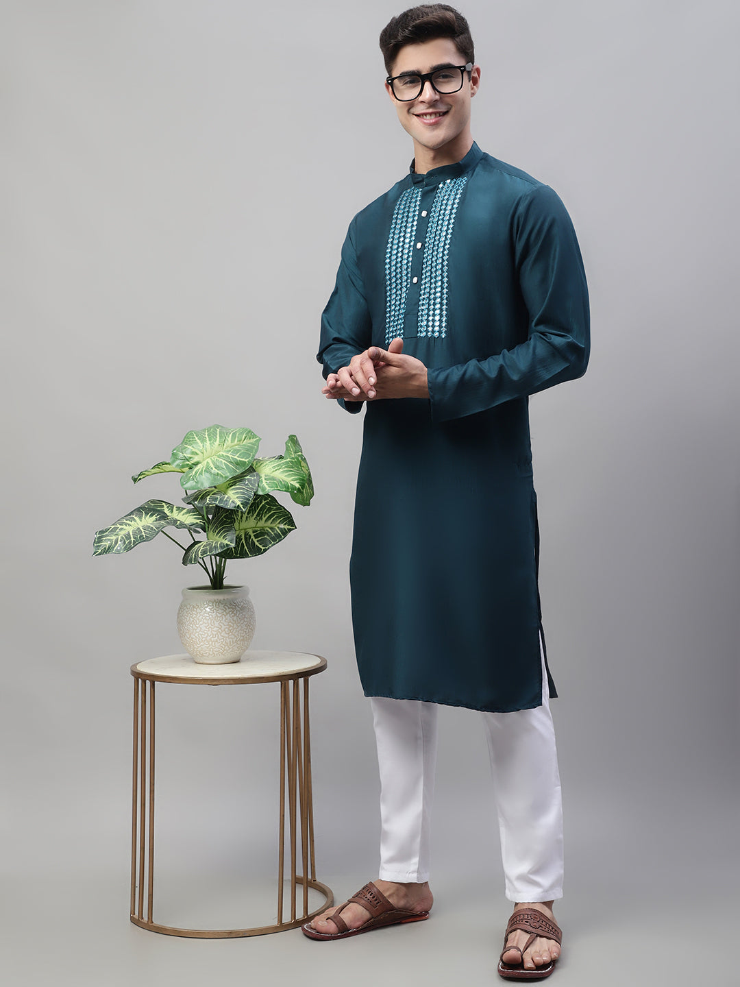 Jompers Men's Teal Blue Cotton Silk Mirror Work Kurta