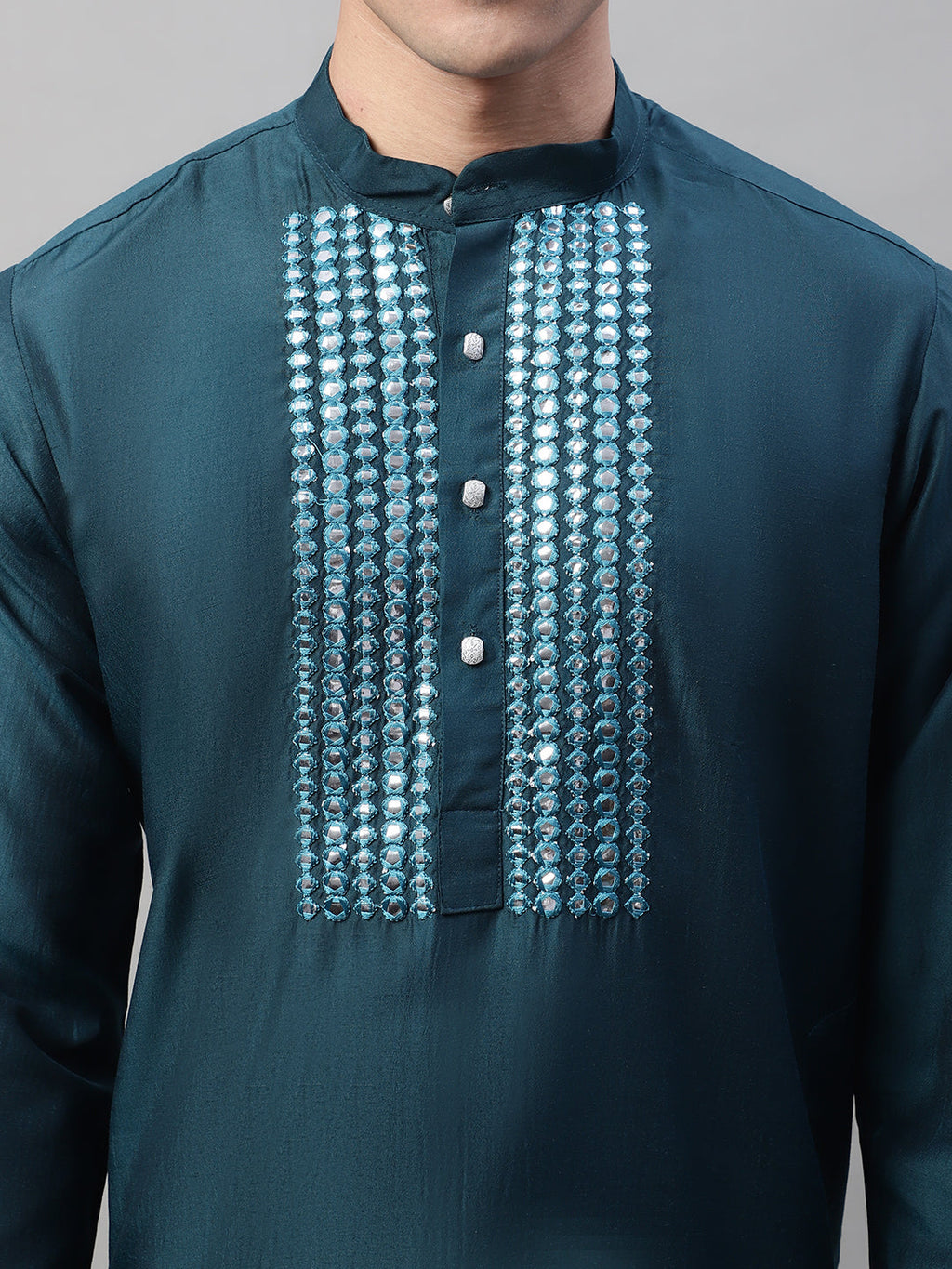 Jompers Men's Teal Blue Cotton Silk Mirror Work Kurta