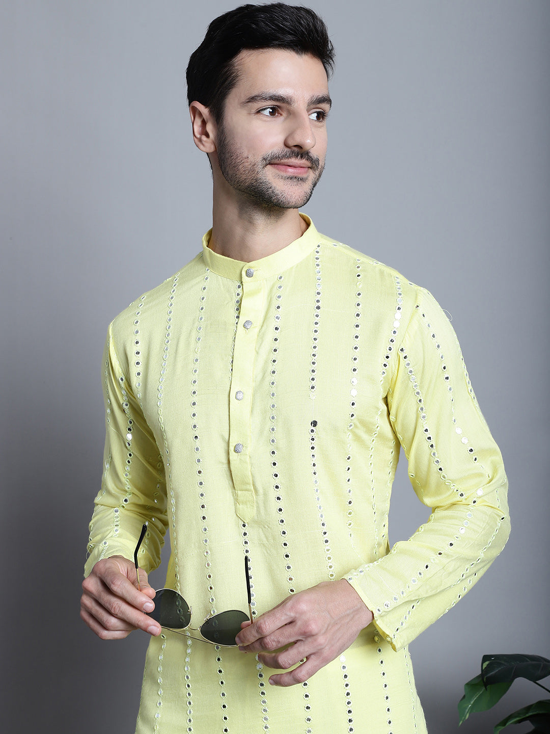 Jompers Men's Embroidered Mirror Work Kurta Only - Lemon