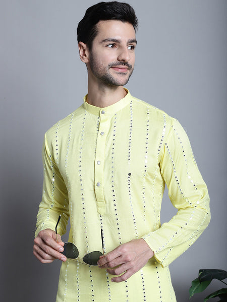 Jompers Men's Embroidered Mirror Work Kurta Only - Lemon