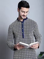 Jompers Men's Navy Blue Embroidered Kurta Only