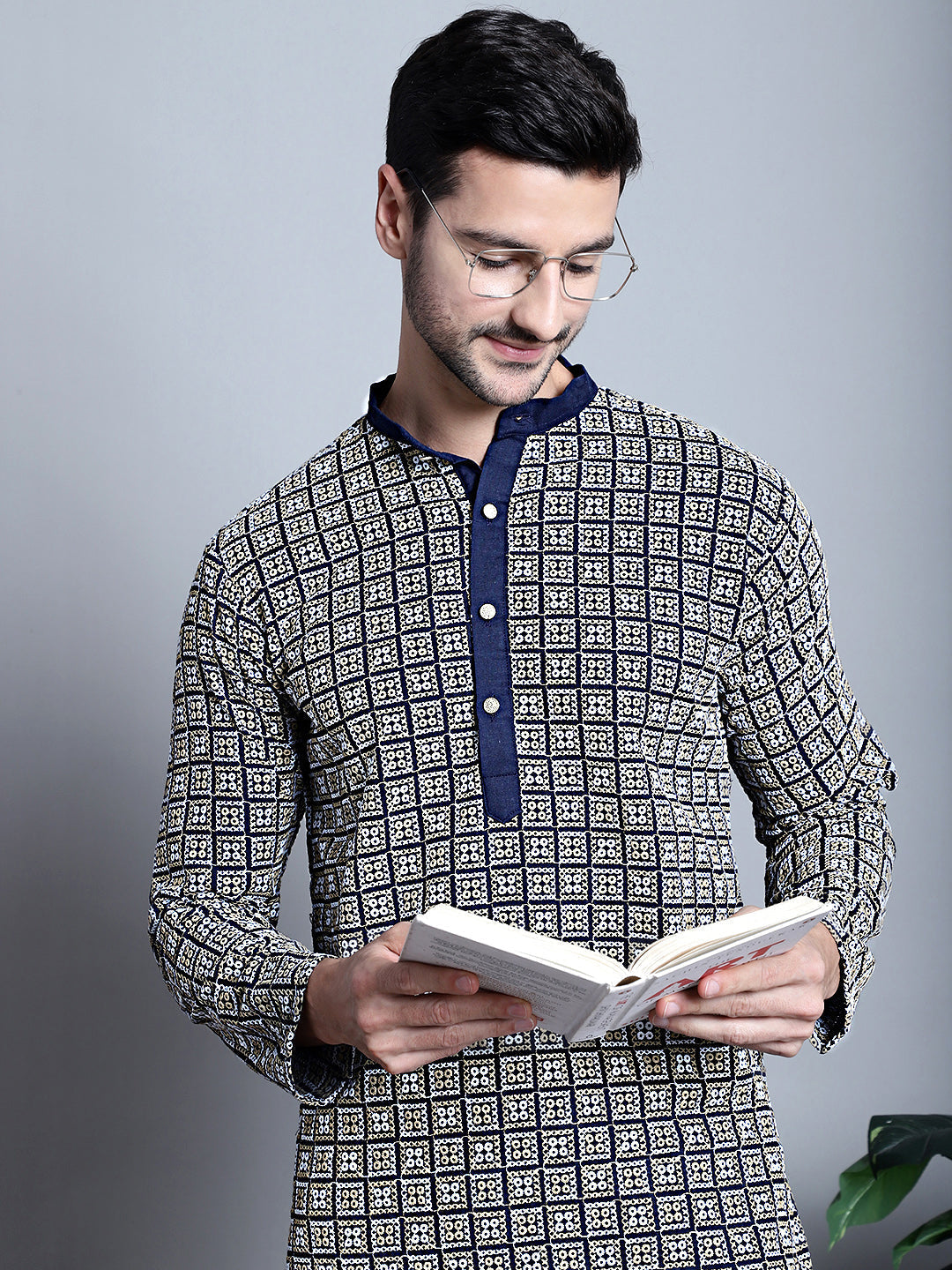 Jompers Men's Navy Blue Embroidered Kurta Only
