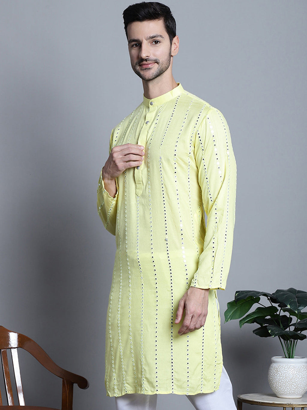 Jompers Men's Embroidered Mirror Work Kurta Only - Lemon