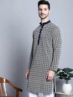 Jompers Men's Navy Blue Embroidered Kurta Only