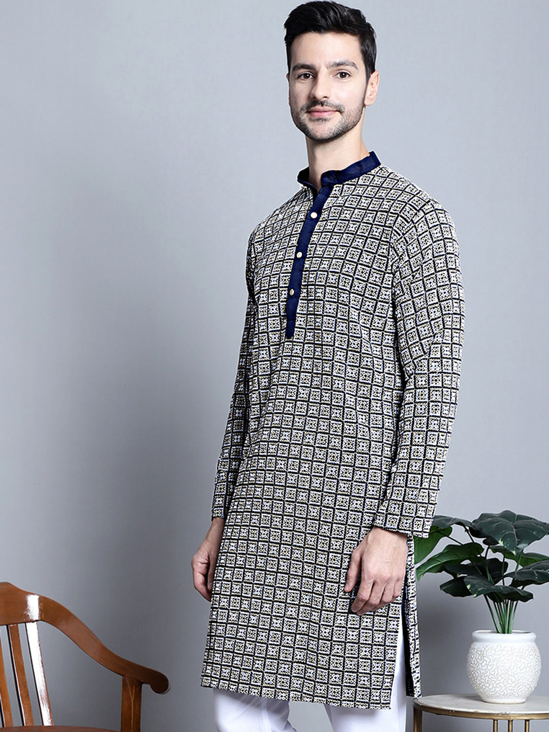 Jompers Men's Navy Blue Embroidered Kurta Only