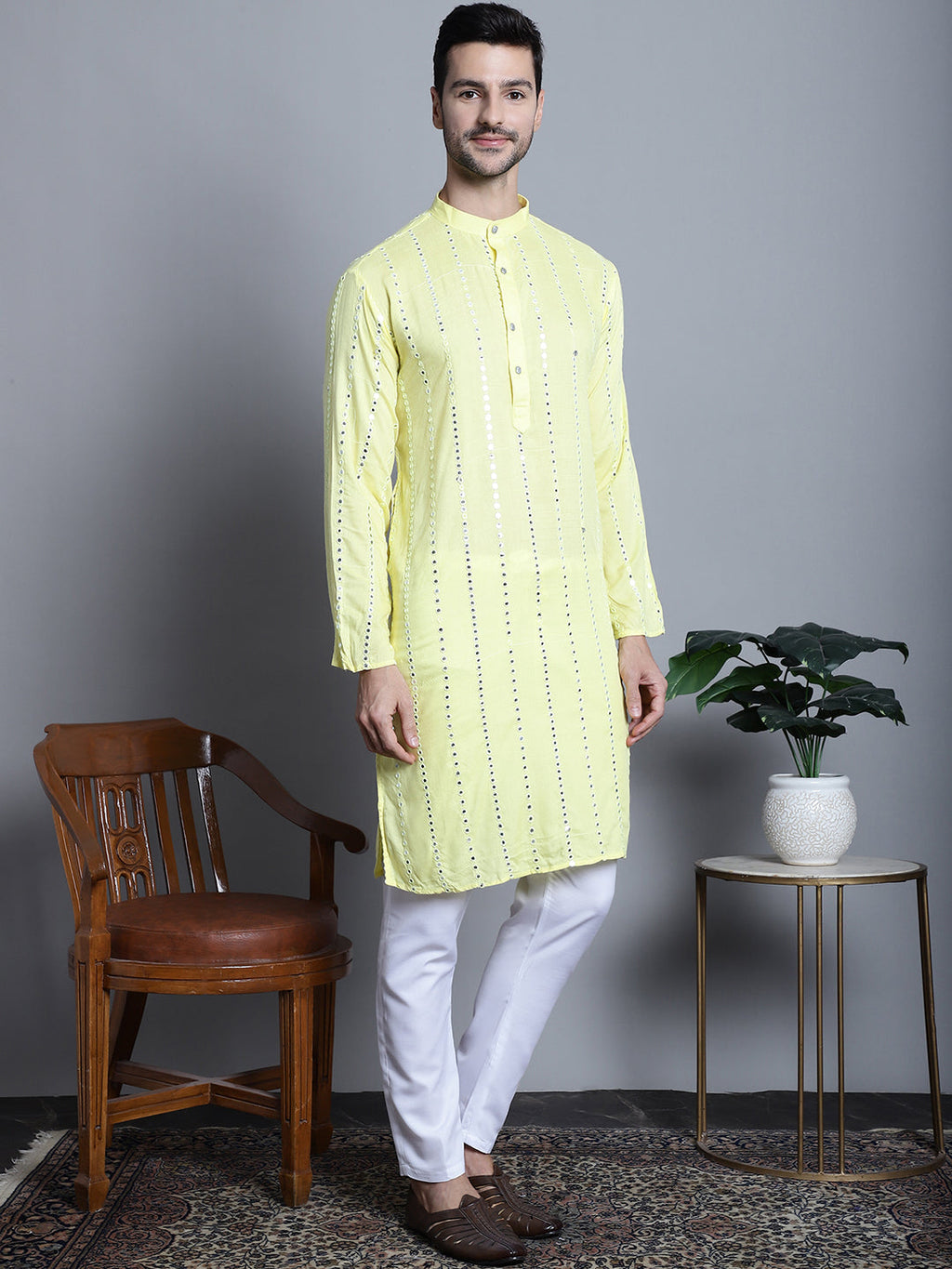 Jompers Men's Embroidered Mirror Work Kurta Only - Lemon