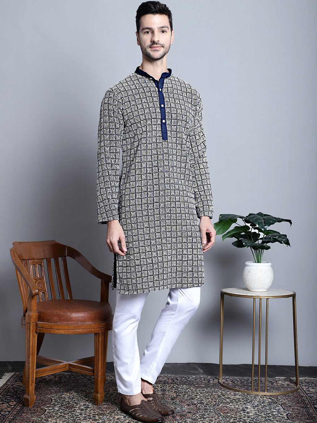 Jompers Men's Navy Blue Embroidered Kurta Only