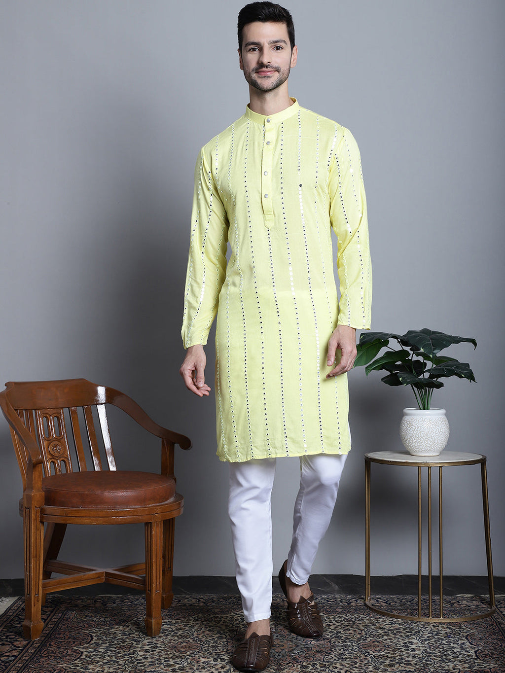 Jompers Men's Embroidered Mirror Work Kurta Only - Lemon