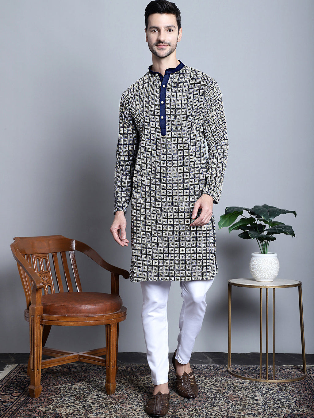 Jompers Men's Navy Blue Embroidered Kurta Only