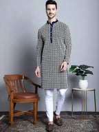 Jompers Men's Navy Blue Embroidered Kurta Only