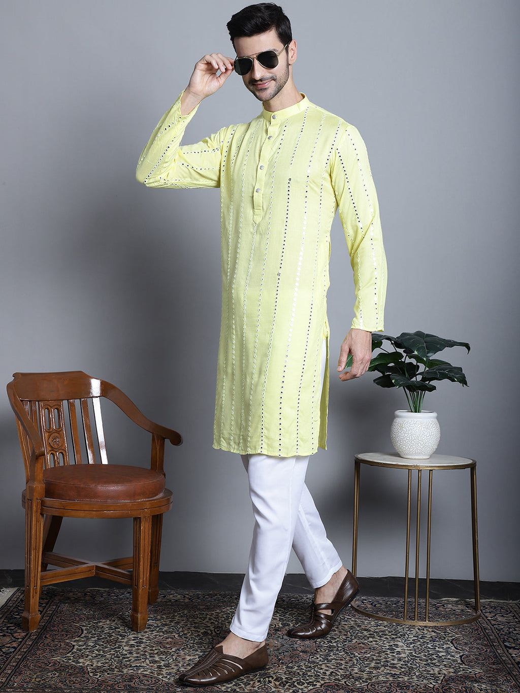 Jompers Men's Embroidered Mirror Work Kurta Only - Lemon