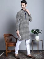 Jompers Men's Navy Blue Embroidered Kurta Only