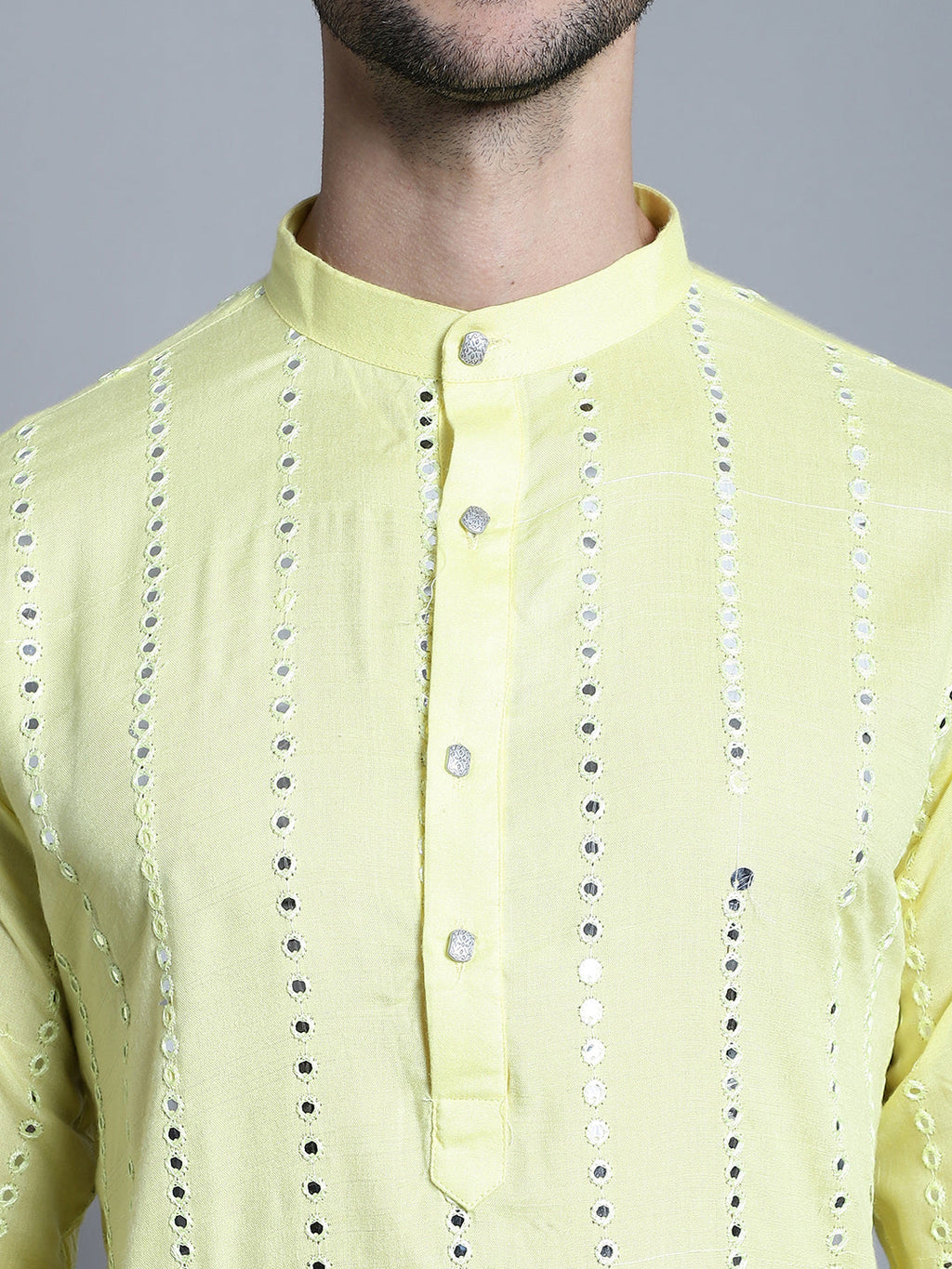 Jompers Men's Embroidered Mirror Work Kurta Only - Lemon