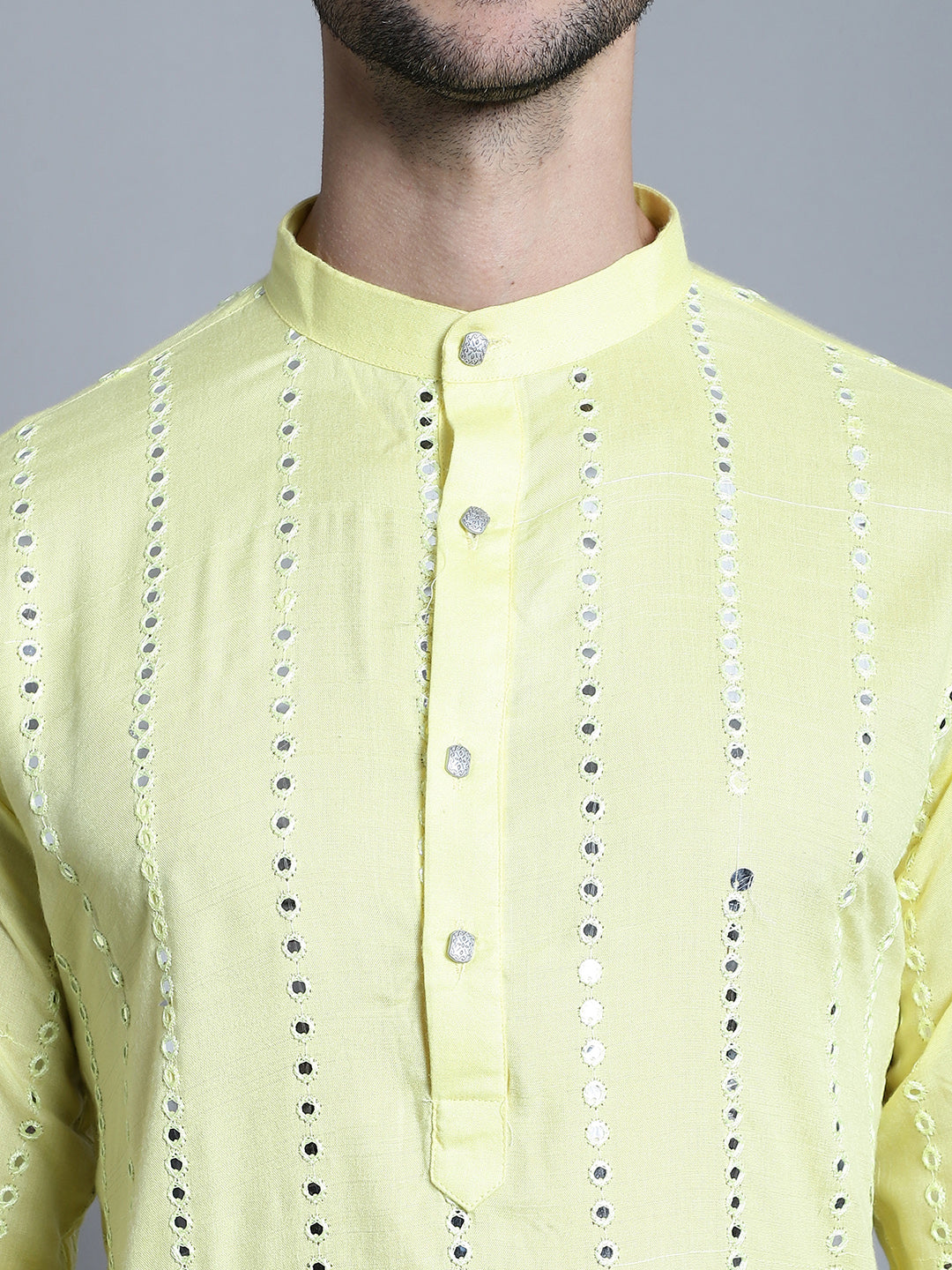 Jompers Men's Embroidered Mirror Work Kurta Only - Lemon