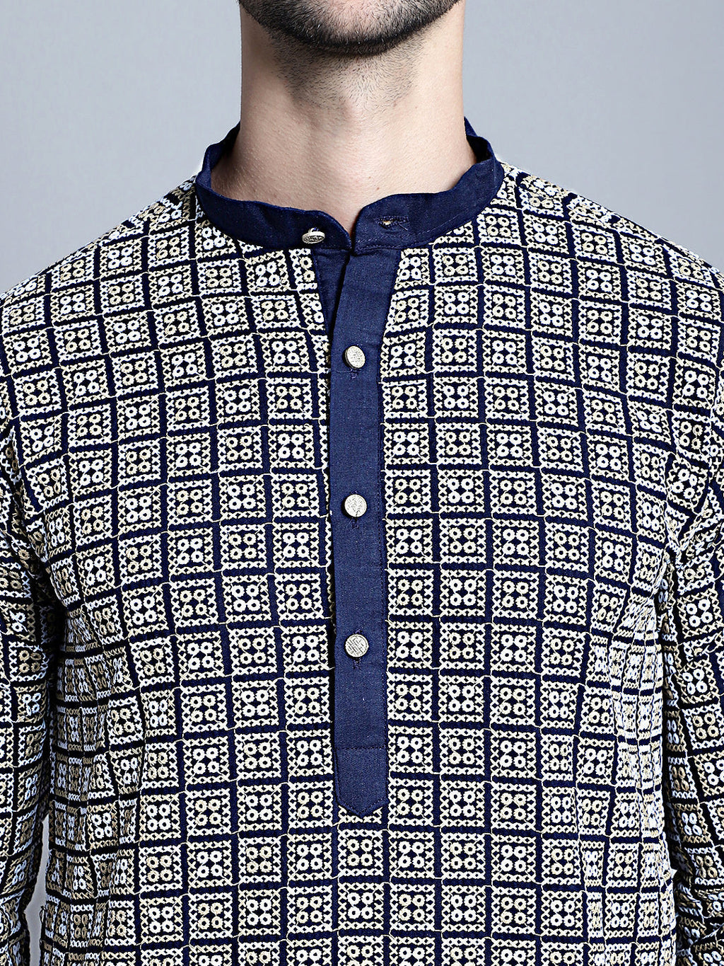 Jompers Men's Navy Blue Embroidered Kurta Only