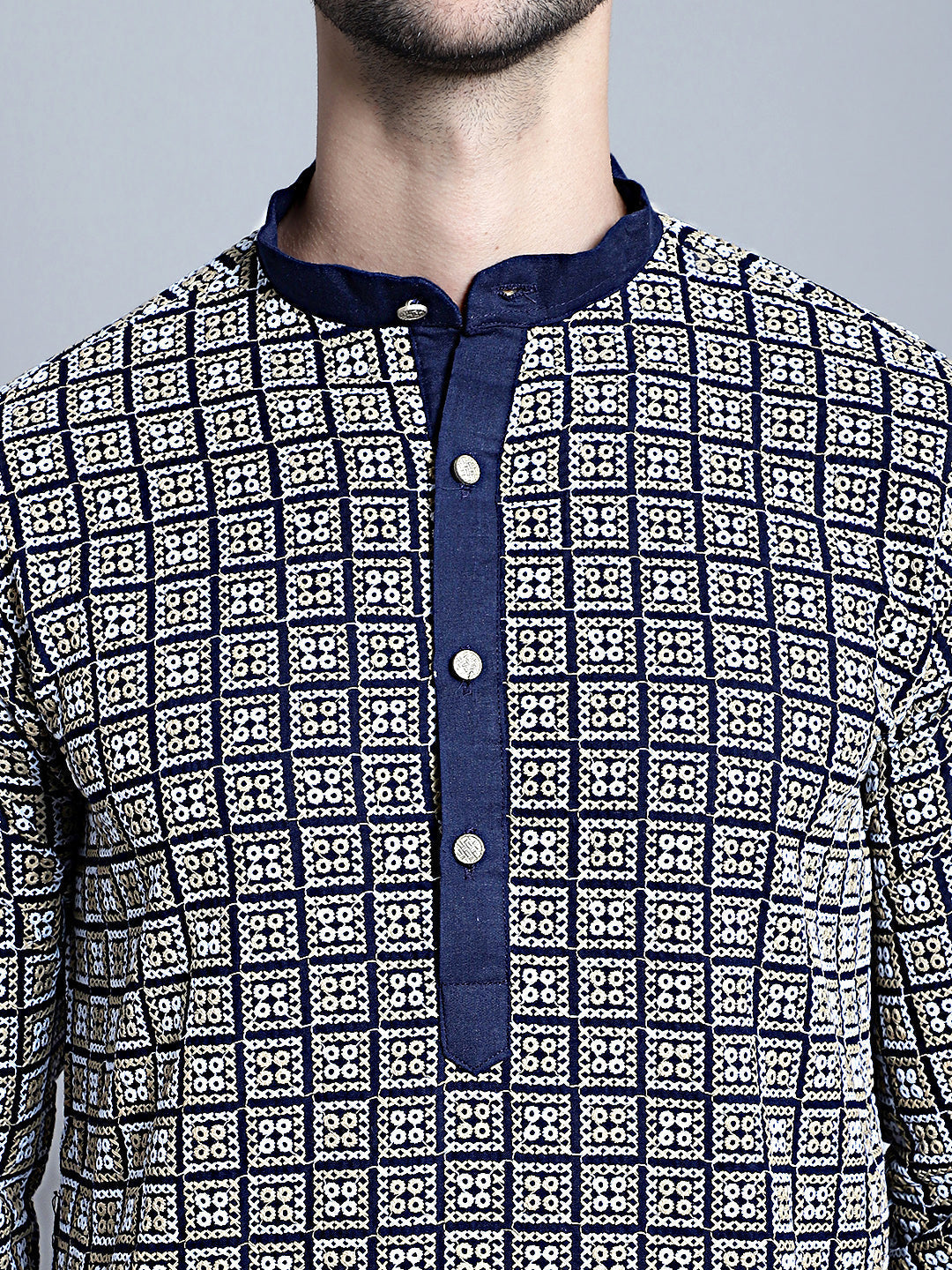Jompers Men's Navy Blue Embroidered Kurta Only