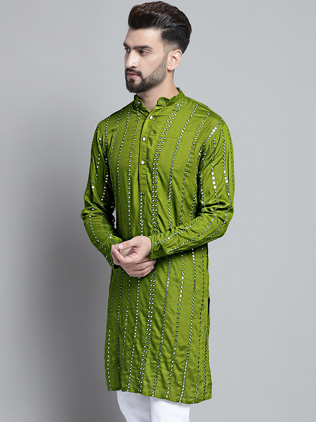 Jompers Men's Embroidered Mirror Work Kurta Only - Olive