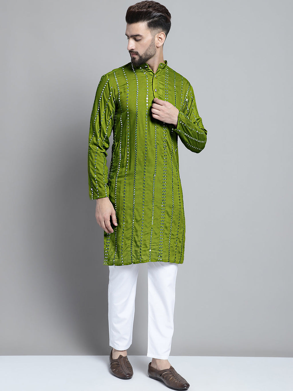 Jompers Men's Embroidered Mirror Work Kurta Only - Olive