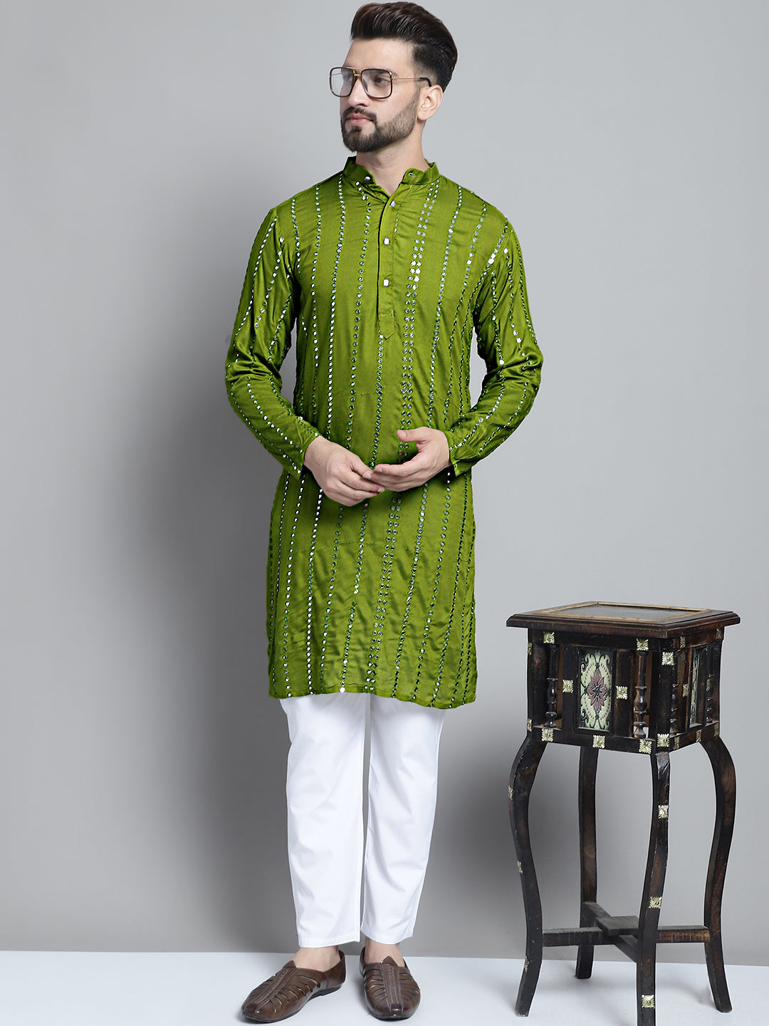 Jompers Men's Embroidered Mirror Work Kurta Only - Olive