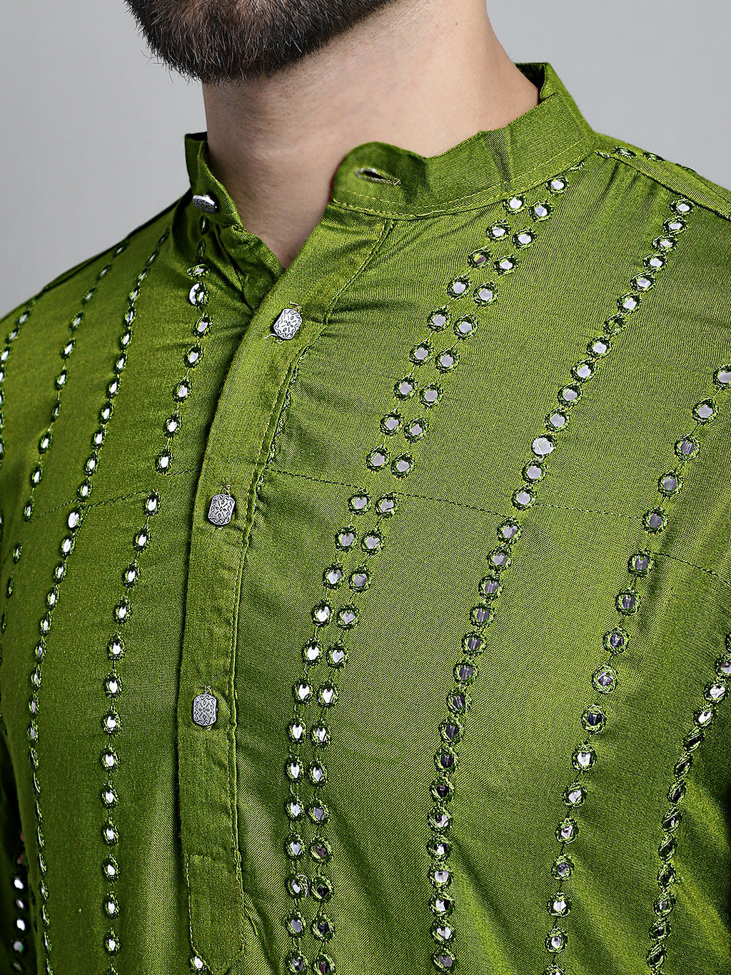 Jompers Men's Embroidered Mirror Work Kurta Only - Olive