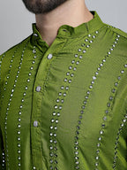 Jompers Men's Embroidered Mirror Work Kurta Only - Olive