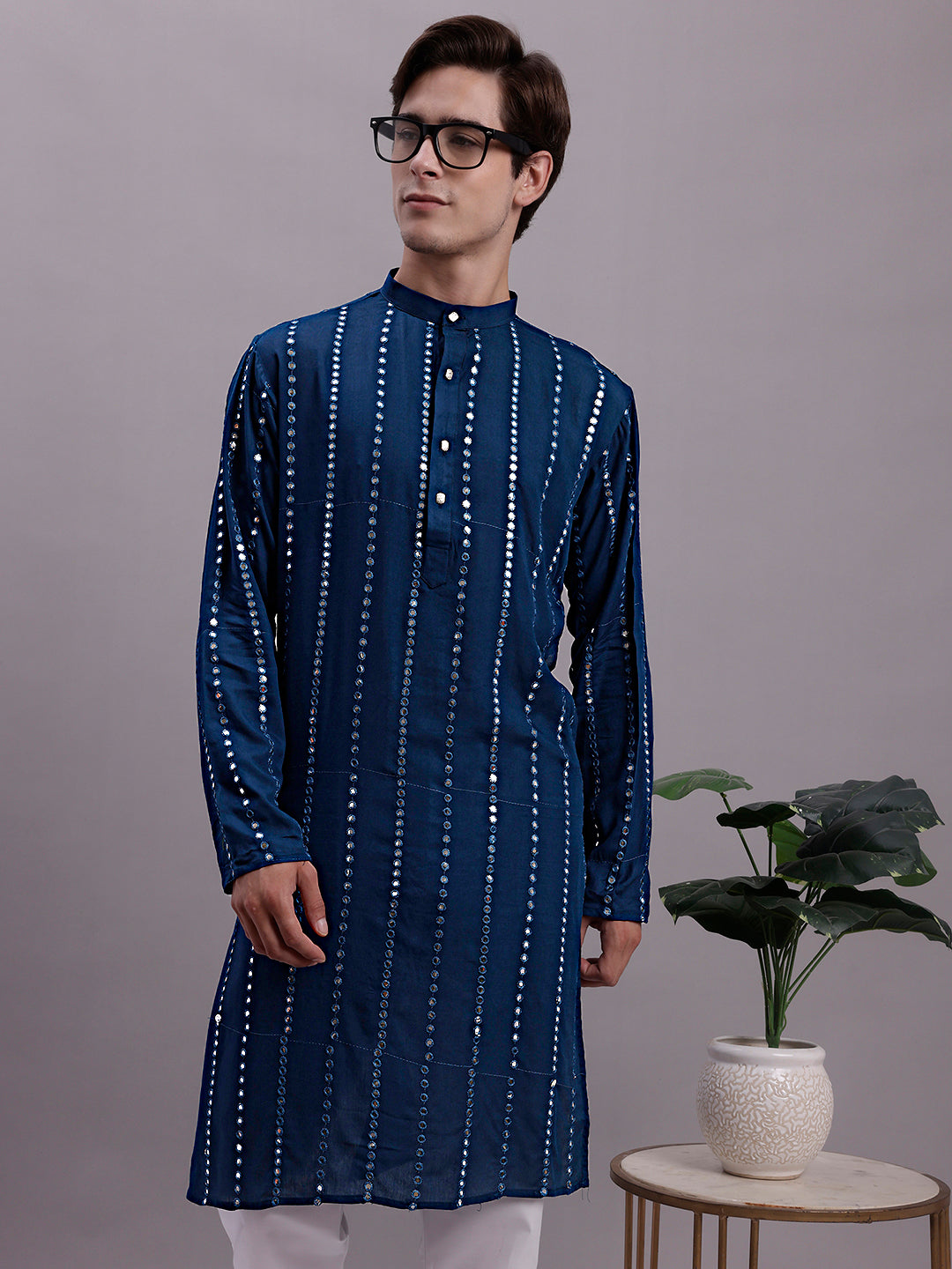 Jompers Men's Embroidered Mirror Work Kurta - Peacock