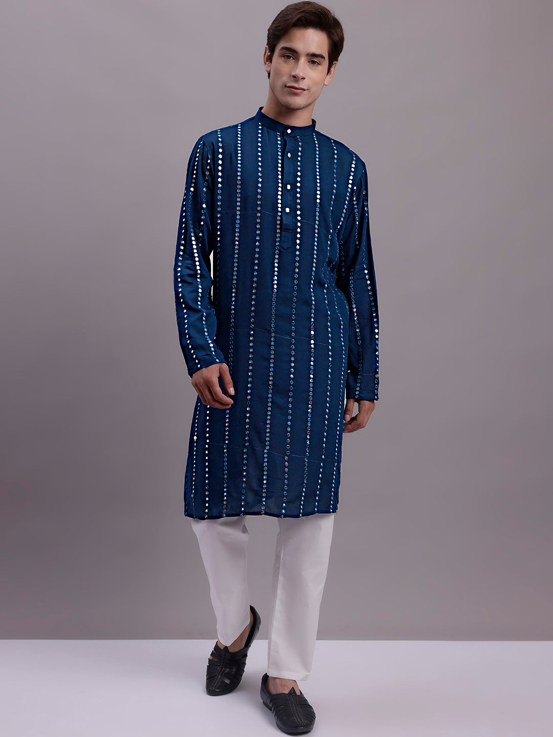 Jompers Men's Embroidered Mirror Work Kurta - Peacock