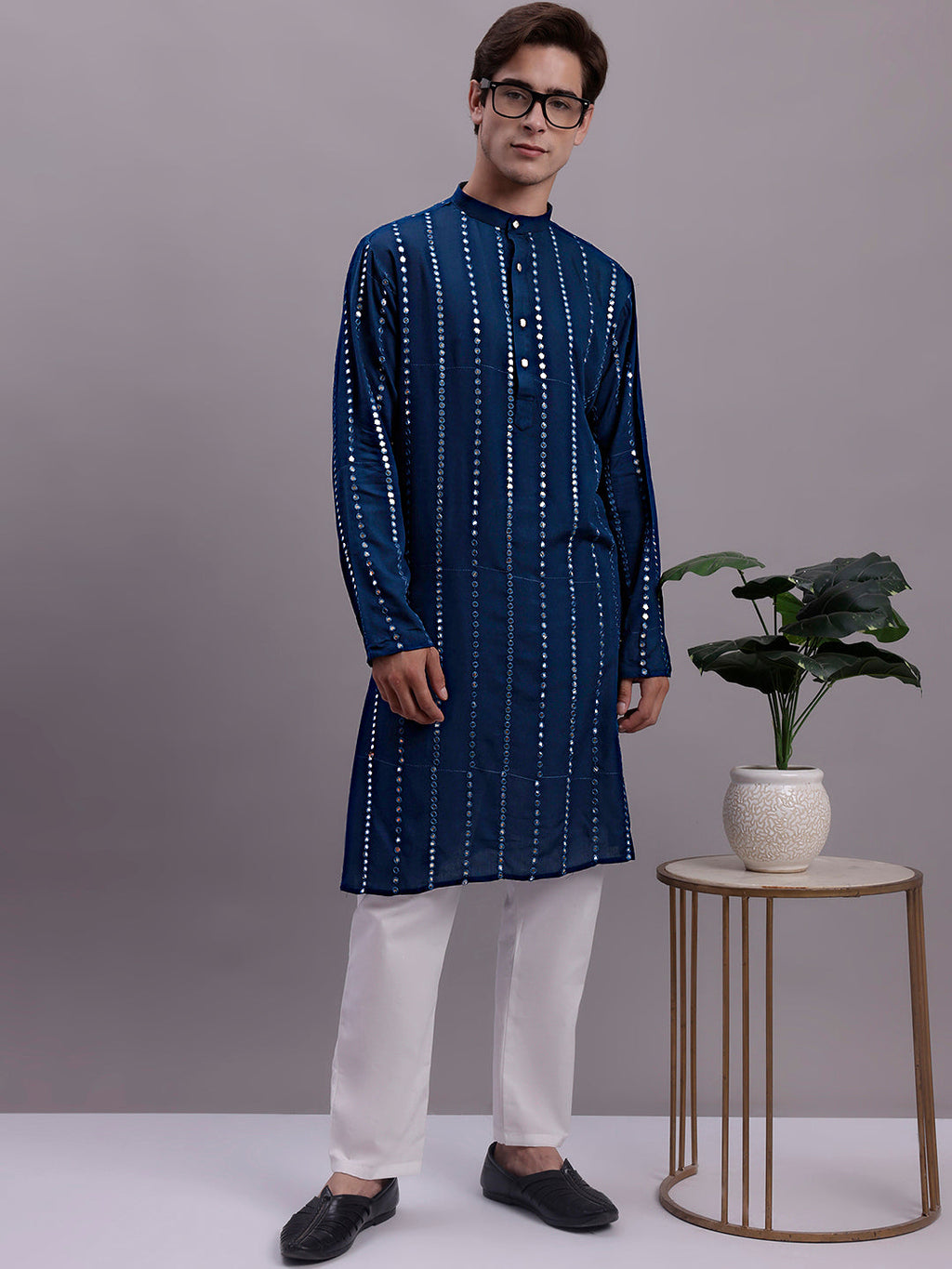 Jompers Men's Embroidered Mirror Work Kurta - Peacock
