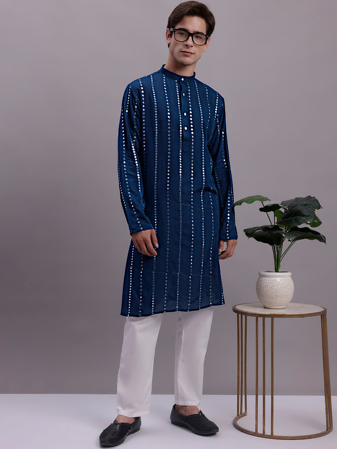 Jompers Men's Embroidered Mirror Work Kurta - Peacock