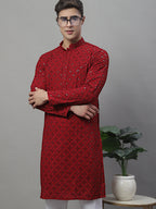 Jompers Men's Maroon Chikankari Embroidered and Sequence Kurta