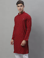 Jompers Men's Maroon Chikankari Embroidered and Sequence Kurta