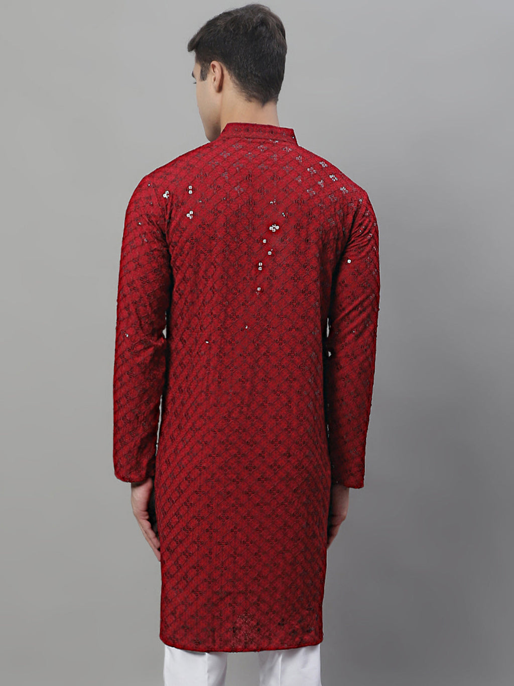 Jompers Men's Maroon Chikankari Embroidered and Sequence Kurta