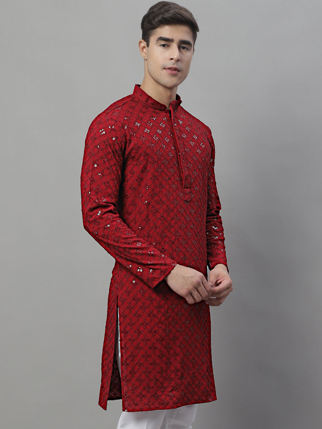 Jompers Men's Maroon Chikankari Embroidered and Sequence Kurta
