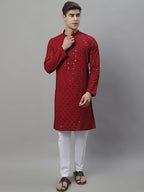 Jompers Men's Maroon Chikankari Embroidered and Sequence Kurta