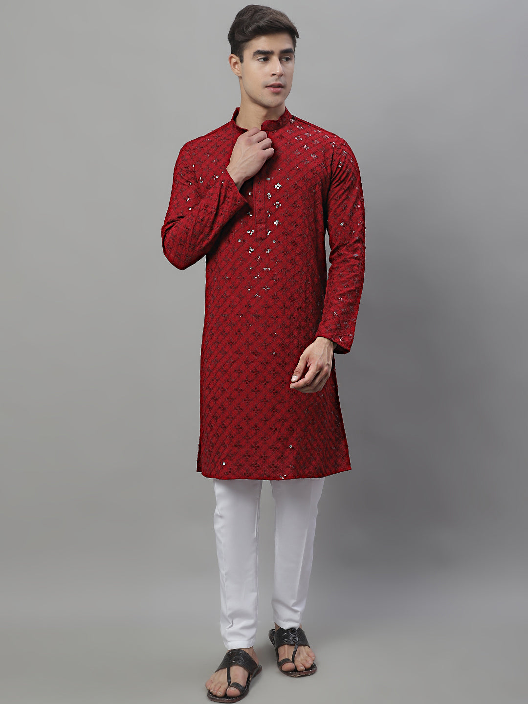 Jompers Men's Maroon Chikankari Embroidered and Sequence Kurta