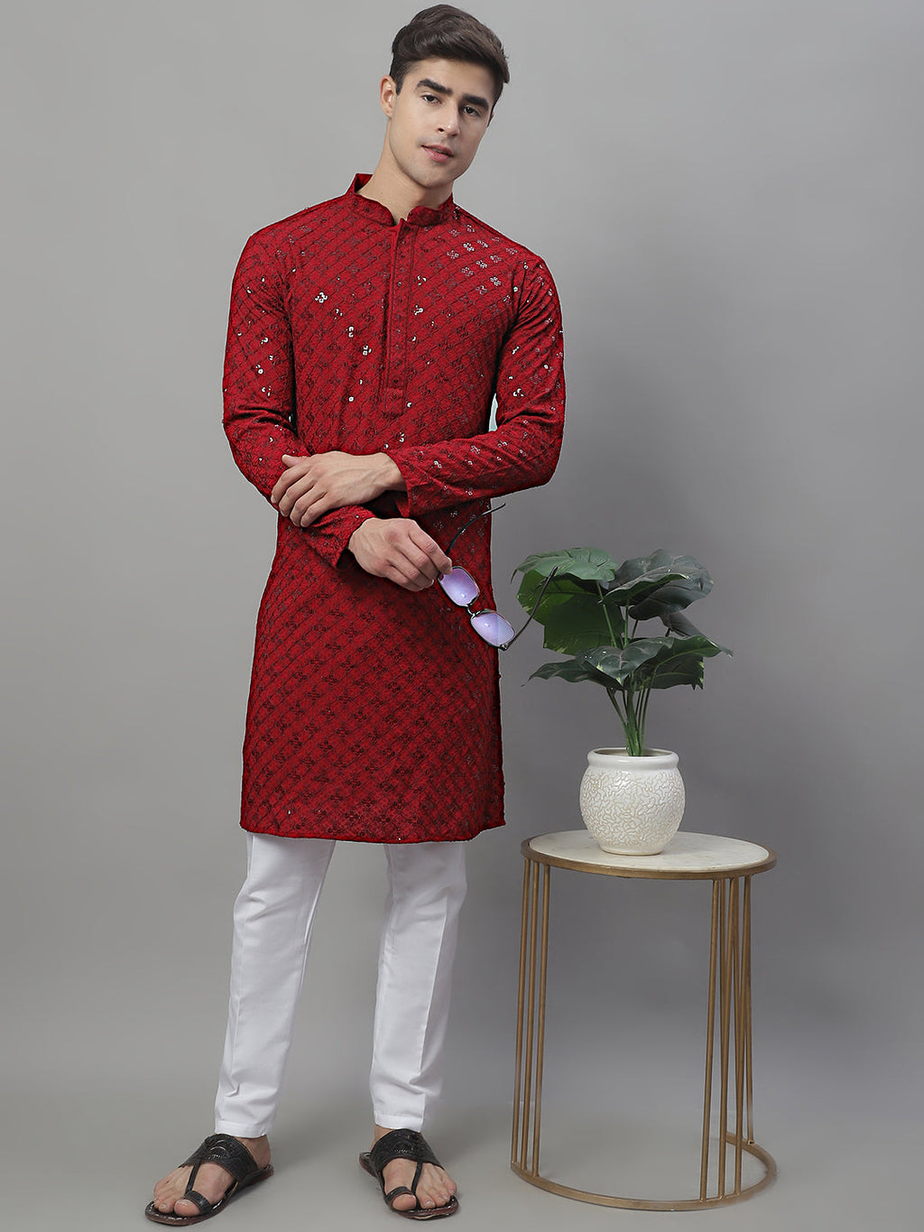 Jompers Men's Maroon Chikankari Embroidered and Sequence Kurta