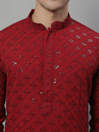 Jompers Men's Maroon Chikankari Embroidered and Sequence Kurta