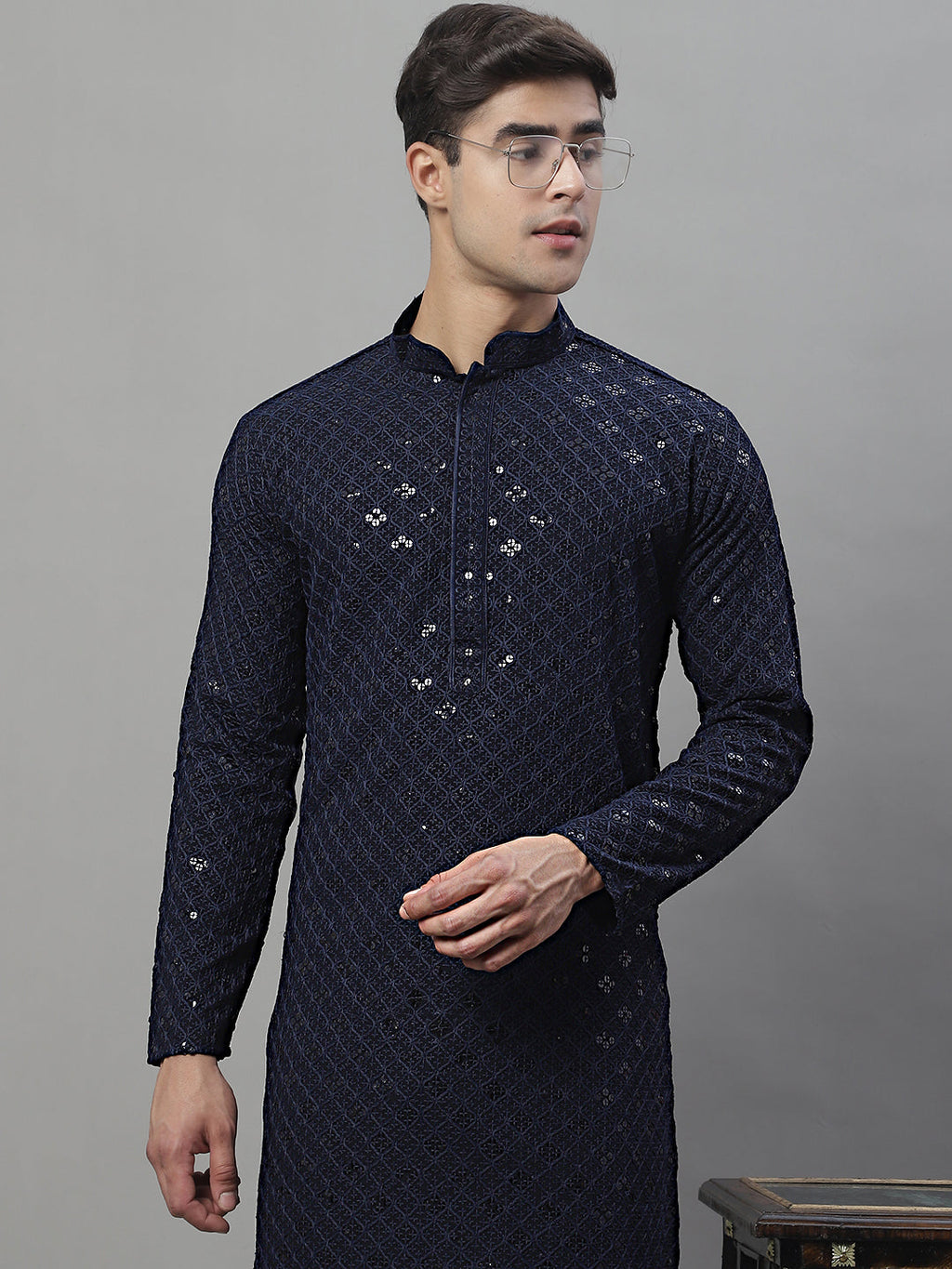 Jompers Men's Navy Blue Chikankari Embroidered and Sequence Kurta