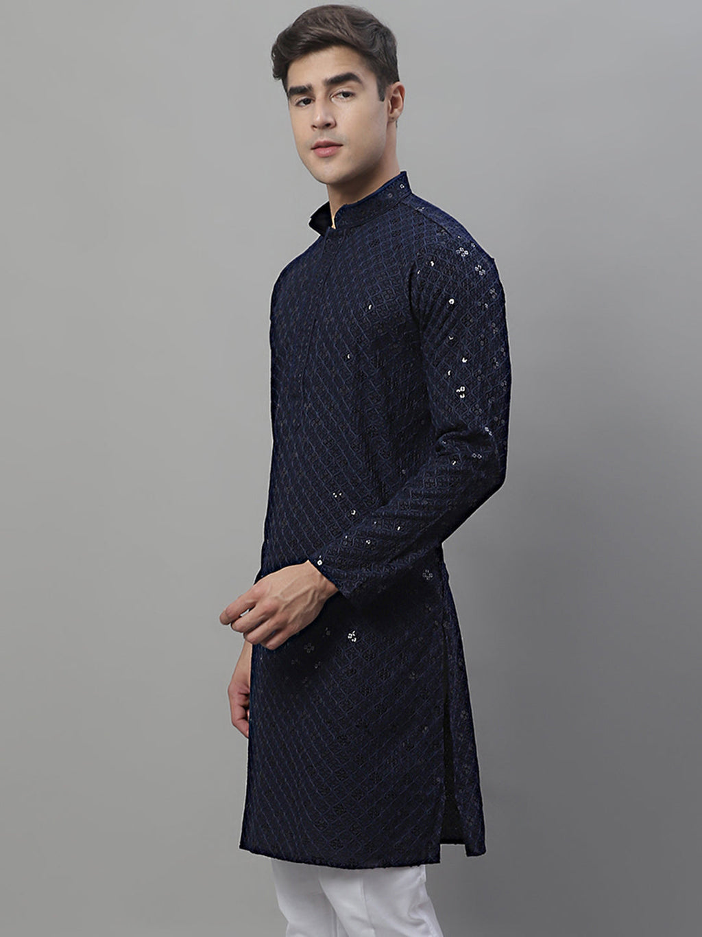Jompers Men's Navy Blue Chikankari Embroidered and Sequence Kurta