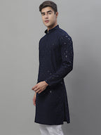 Jompers Men's Navy Blue Chikankari Embroidered and Sequence Kurta