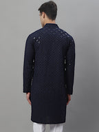 Jompers Men's Navy Blue Chikankari Embroidered and Sequence Kurta